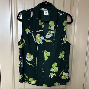 CAbi Green Floral Sleeveless Blouse Second Nature Placid Top Button size L New!